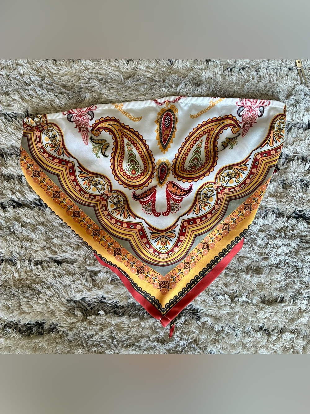 Paisley Print Silk-Look Bandana tube-top in White, Mustard & Red